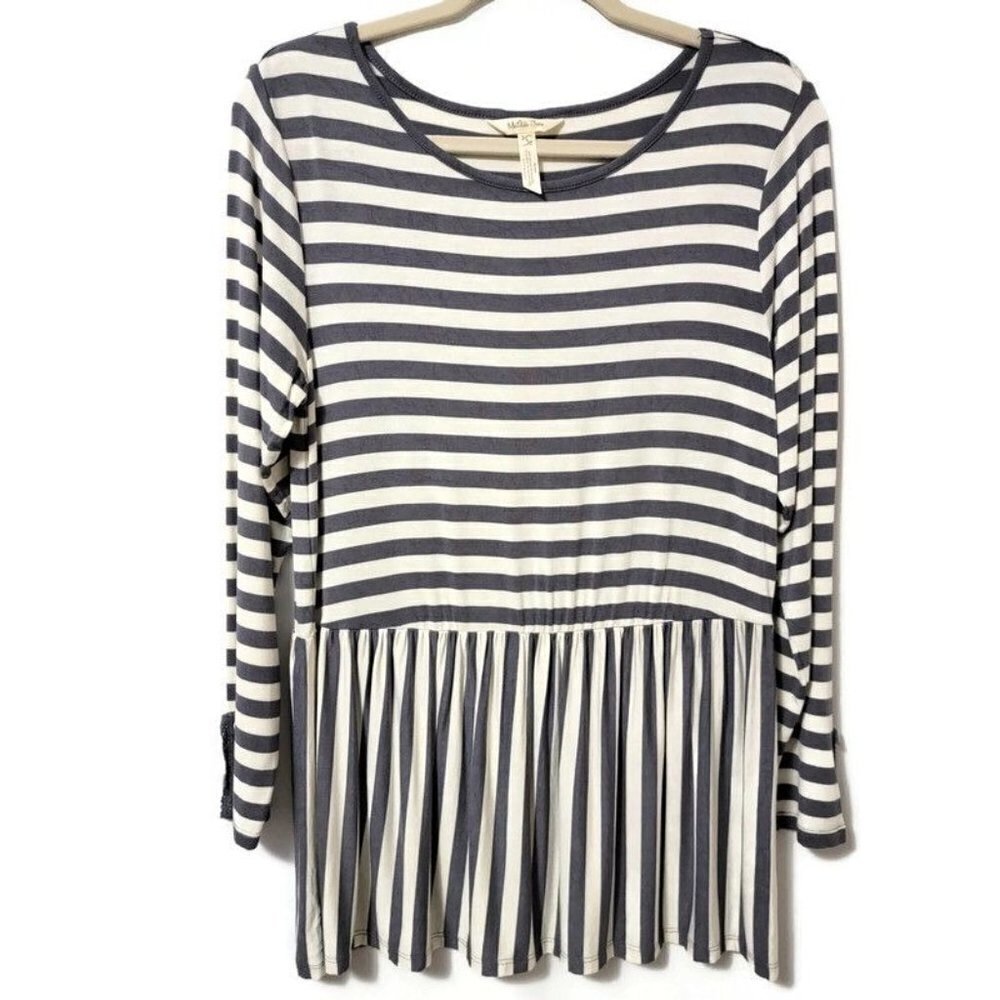 Matilda Jane Let's Connect Tee Gray Cream Striped Long Sleeve Peplum Top Small